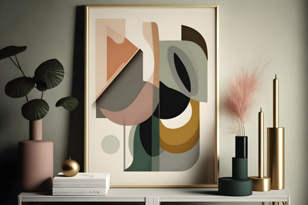 An AI generated illustration of a contemporary interior design with vases and an abstract paintingの素材