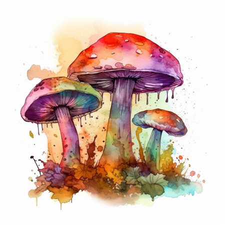 An AI generated illustration of a vibrant watercolor painting of a cluster of colorful mushroomsの素材