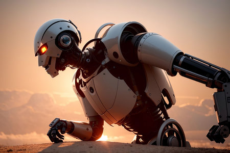 An AI generated illustration of A robotic figure is featured kneeling in the desert with a bright, sunny sky in the backgroundの素材