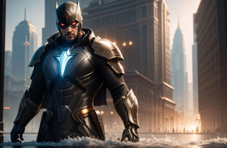 An AI generated illustration of a powerful male superhero with a glowing core in a flooded cityの素材