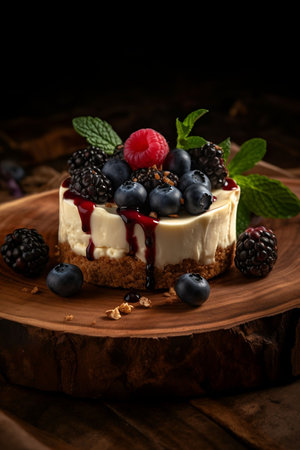 An AI generated illustration of a delicious cheesecake with fresh berriesの素材