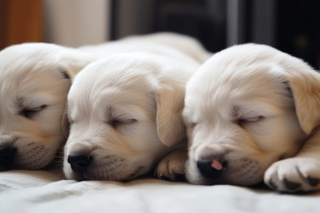 An AI-generated illustration of three cute Labrador Retriever puppies sleeping peacefully on a blanket.の素材