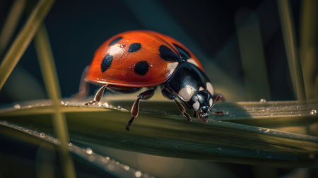 An AI generated illustration of a closeup of a ladybug perched on the tip of a green leafy plantの素材