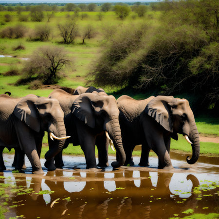 An AI generated illustration of a large herd of African elephants walking through a shallow pondの素材