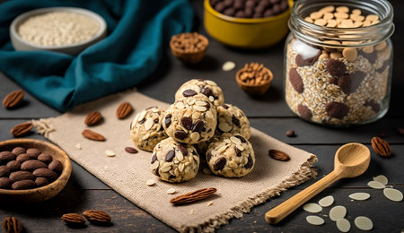 An AI generated illustration of a wooden table with a selection of assorted nuts and granola cookiesの素材