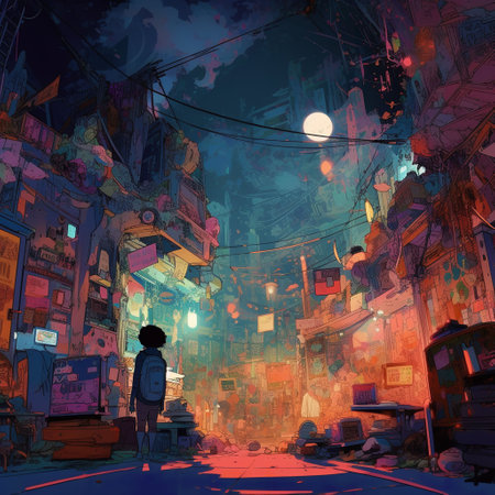 An AI generated illustration of a young man facing a vibrant, abstract cityscapeの素材