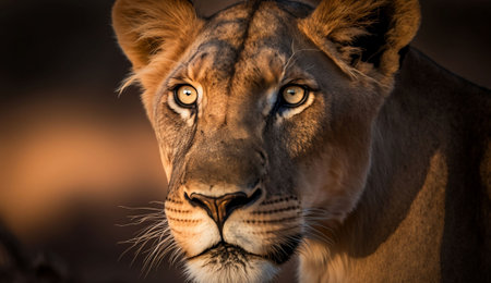 An AI generated illustration of a close up of a lioness on a blurred backgroundの素材