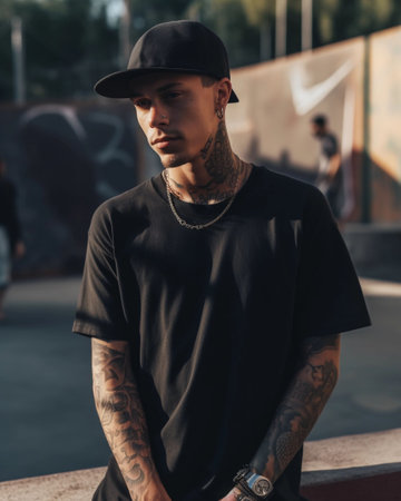 An AI generated illustration of a sexy young tattooed male posing outdoorsの素材