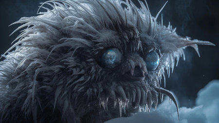 An AI generated illustration of a mythical fictitious monster character with thick fur in a snowy landscapeの素材