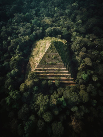 An AI generated illustration of A spectacular scene featuring a pyramid standing majestically atop a lush, green hillside surrounded by treesの素材