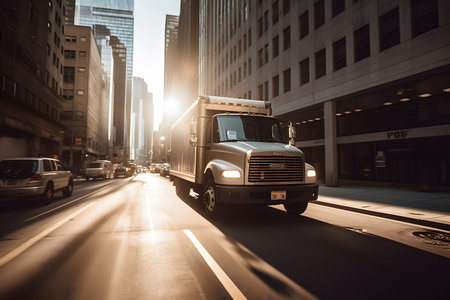 An AI generated illustration of Efficient delivery logistics in action with a delivery truck in a streetの素材