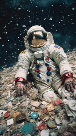 An AI generated illustration of an astronaut surrounded by garbage and trashの素材