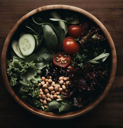 An AI generated illustration of a bowl of freshly prepared salad, full of a variety of vegetablesの素材