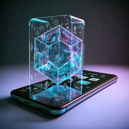 An AI generated illustration of a futuristic mobile device with a 3d projection above itの素材