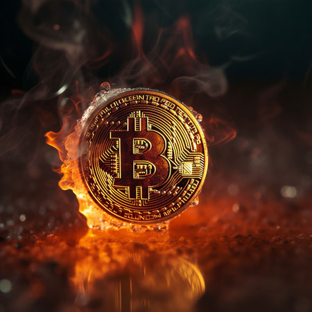 An AI generated illustration of A bitcoin on fireの素材