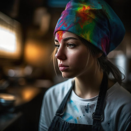 A female adult in a dimly lit kitchen, wearing a colorful tie-dye chef toque. Ai generatedの素材
