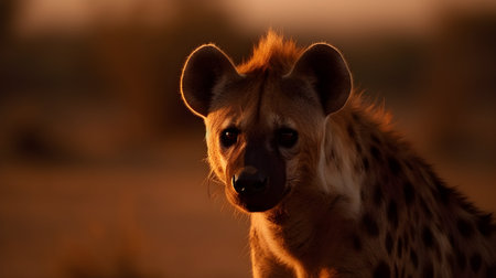 An AI generated illustration of an African hyena in savannah by the sunset looking curiously toward the cameraの素材