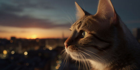 An AI generated illustration of a cute tabby cat looking aside with the city in the backgroundの素材