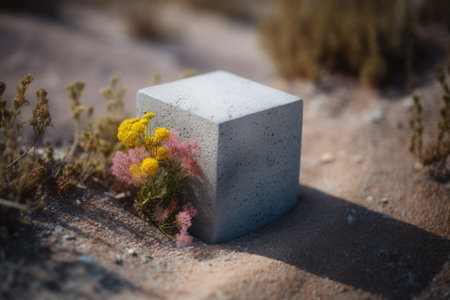 An AI generated illustration of a grey concrete block on a sandy beach surrounded by vibrant flowersの素材
