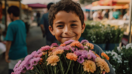 An AI-generated illustration of a young boy with a bright smile holds a bundle of colorful flowers.の素材
