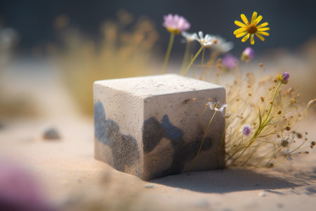An AI generated illustration of a grey concrete block on a sandy beach surrounded by vibrant flowersの素材