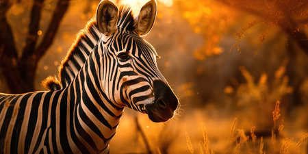 An AI generated illustration of a majestic zebra in a grassy landscape, framed by trees on a bright, sunny dayの素材