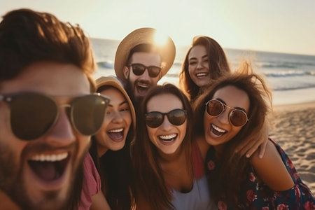 An AI generated illustration of An AI generated illustration of A group of friends posing for a selfie in a casual setting, smiling and laughingの素材