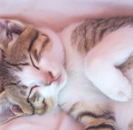 An AI generated illustration of a close-up shot of an adorable white kitten sleeping peacefully on a soft blanketの素材