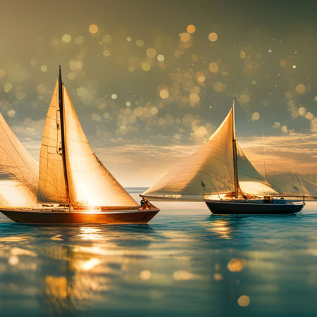 An AI generated illustration of two sailboats gliding along a tranquil lake on a sunny dayの素材