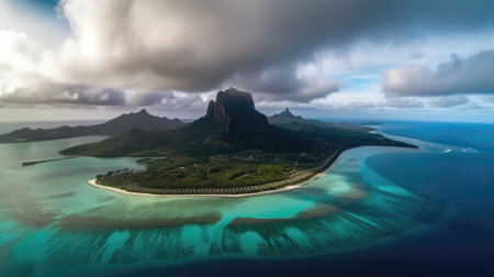 An AI-generated illustration of a green island surrounded by azure waters, seen from the sky.の素材