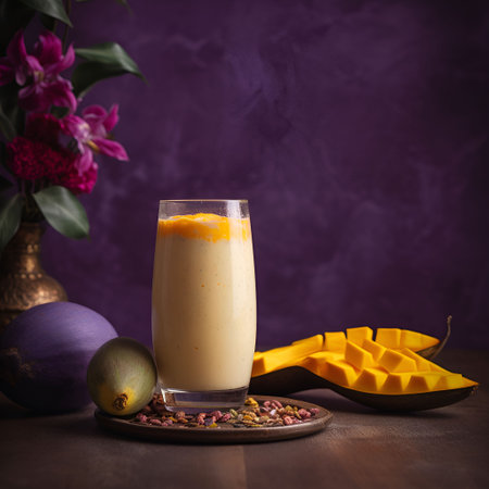 An AI generated illustration of a refreshing beverage with tropical fruit in a glass, featuring a mango and pineapple slicesの素材
