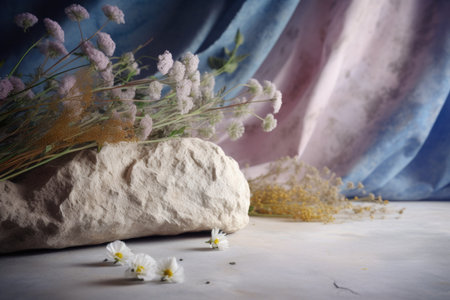 An AI-generated illustration of a grey concrete block with vibrant blooming flowers.の素材