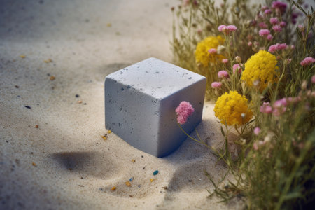 An AI generated illustration of a grey concrete block on a sandy beach surrounded by vibrant flowersの素材