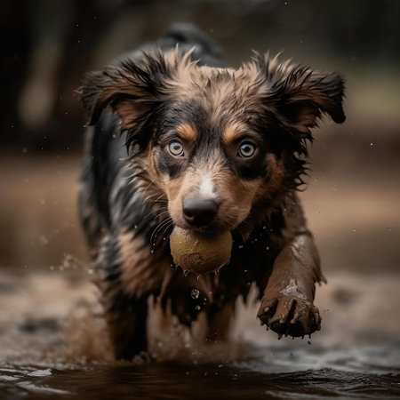 An AI generated illustration of a happy dog running through a field with a ball in its mouth, looking eagerly in the direction of the cameraの素材