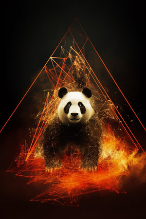 An AI generated illustration of a giant panda bear against a dark background with red trianglesの素材