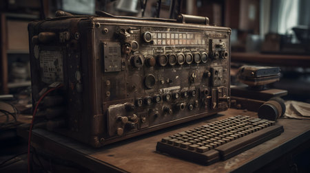 An AI generated illustration of An antiquated computer control panel with a keyboard resting on a vintage wooden deskの素材