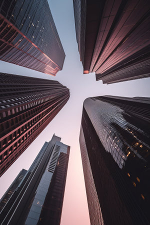 An AI-generated illustration of a low angle of the city skyline featuring tall buildings at sunset.の素材