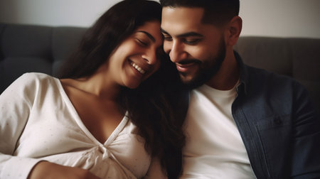 An AI generated illustration of a happy couple celebrating their pregnancy while embracing eachの素材