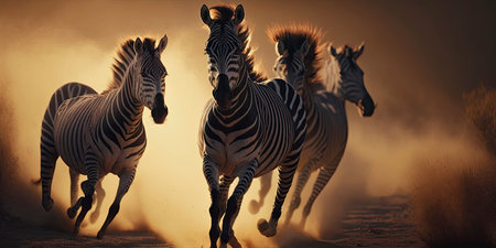 An AI generated illustration of awe-inspiring four zebras galloping across a dirt road at sunsetの素材
