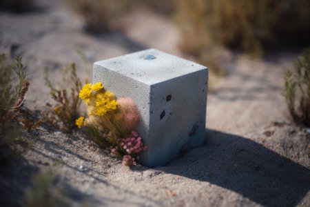 An AI generated illustration of a grey concrete block on a sandy beach surrounded by vibrant flowersの素材