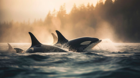 An AI-generated illustration of orca whales swimming in a tranquil body of water at sunset.の素材
