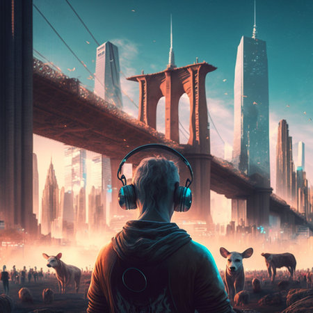 An AI generated man standing against bridge surrounded by animalsの素材