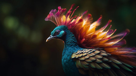 An AI generated illustration of a majestic peacock creature, its feathers starkly contrasting the night sky backgroundの素材