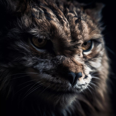 An AI generated illustration of a small, grey-furred cat with wide, round eyesの素材