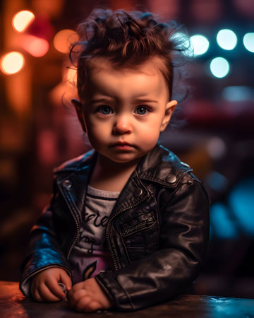 An AI generated illustration of a young boy wearing a leather jacket, sitting against a bokeh backgroundの素材