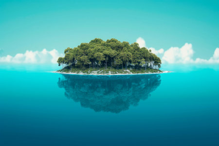 An AI generated illustration of a scenic view of a beautiful tropical island surrounded by crystal clear waters and a clear blue skyの素材