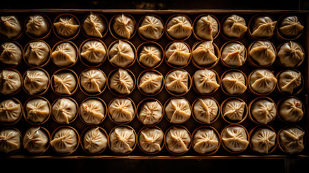 An AI generated illustration o a tray of dimsum dumplingsの素材