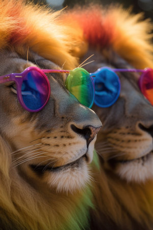 An AI generated illustration of a vertical of lions with trendy colorful eyeglassesの素材