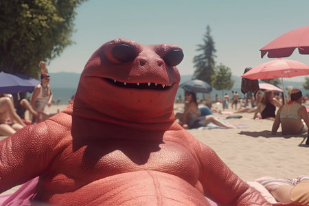 An AI-generated illustration of a big red lizard sunbathing on the beach surrounded by people.の素材