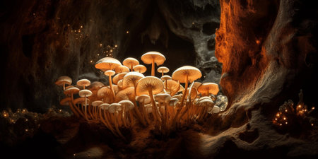An AI generated illustration of a diverse collection of mushrooms growing in a dark, cave-like environmentの素材